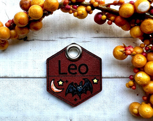 Halloween Bat and Moon Leather Dog ID collar tags