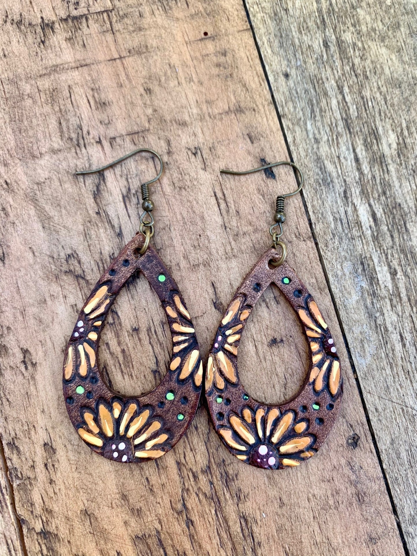 Leather Stamped Sunflower Earrings