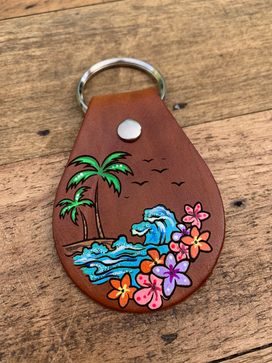 Beach and Palm Tree Floral Key Ring