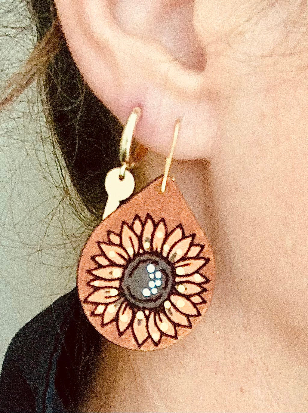 Sunflower Leather Teardrop Earrings