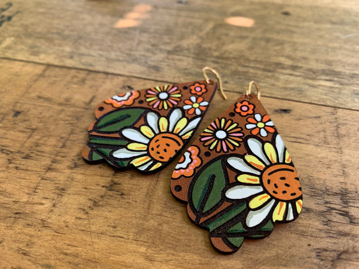Retro 70s Mod Pop Flower Leather Earrings