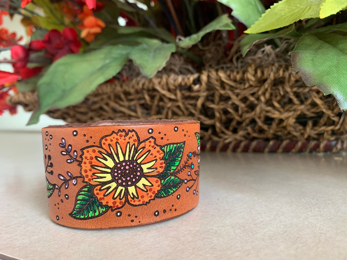 Bohemian Country Flower Leather Cuff