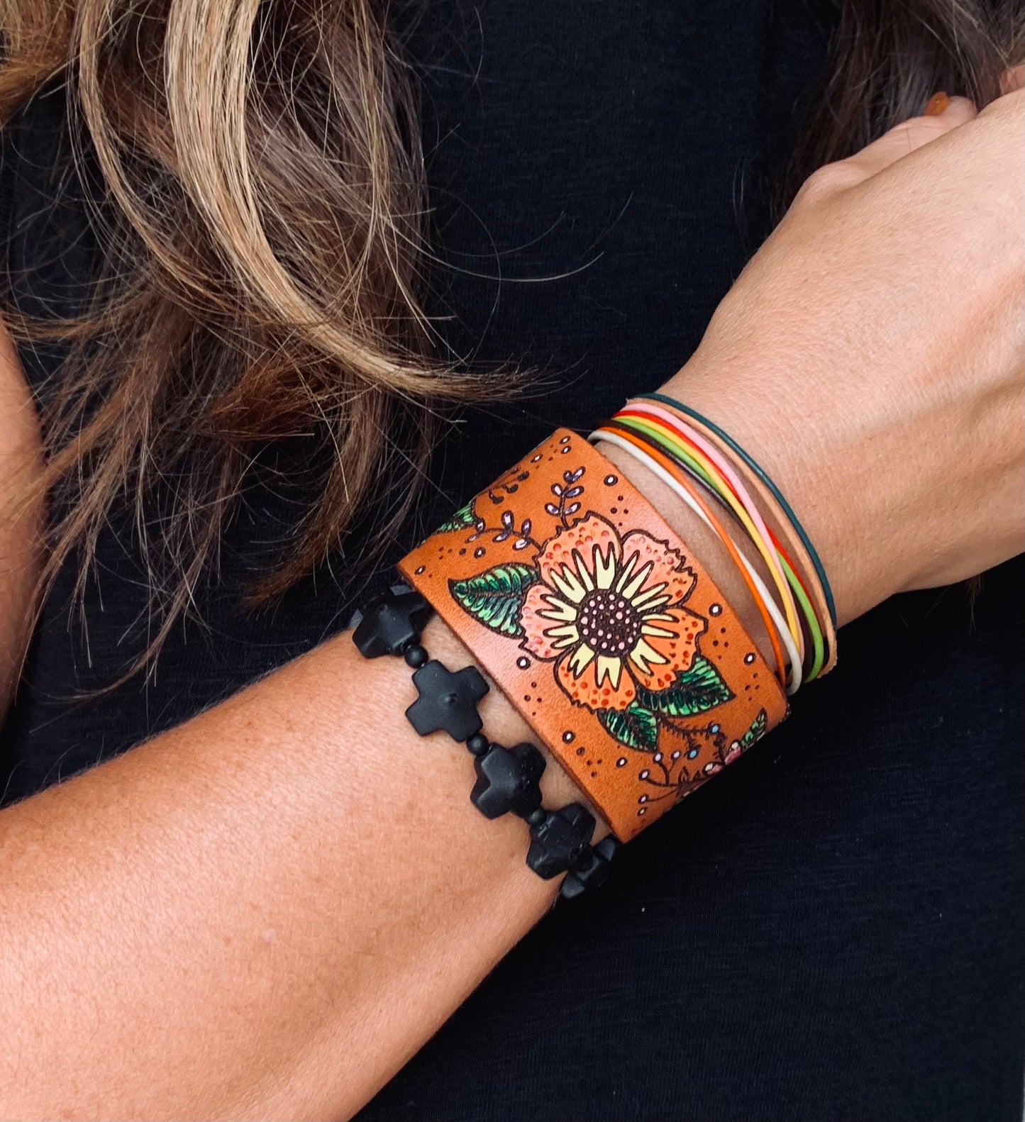 Bohemian Country Flower Leather Cuff