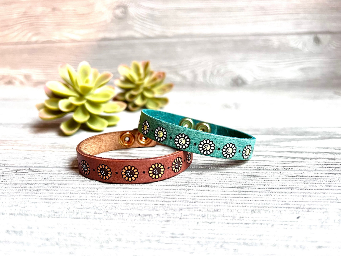 Petite Leather Daisy or Sunflower Bracelet