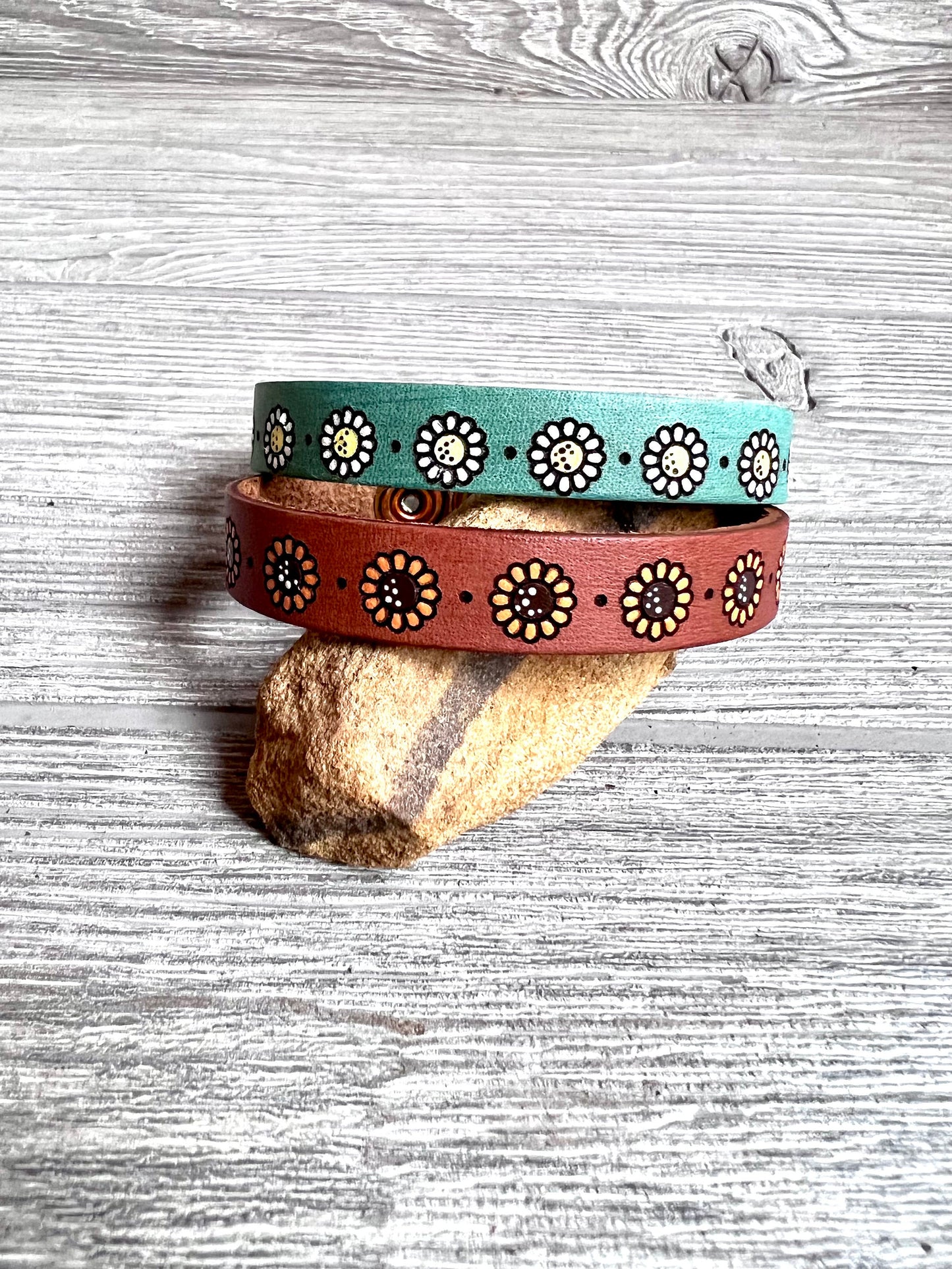Petite Leather Daisy or Sunflower Bracelet