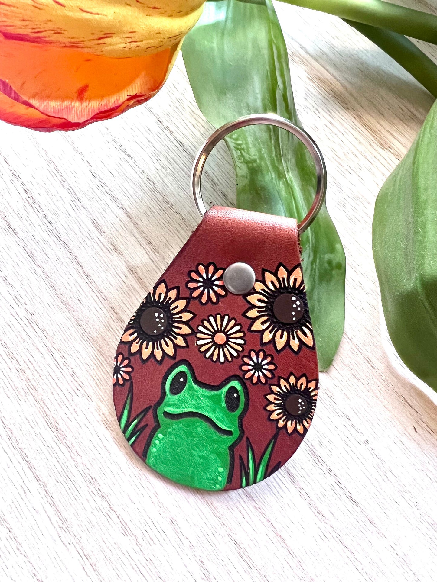 Frog and Sunflowers Key Ring