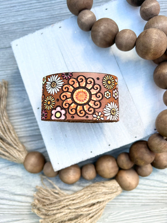 Vibrant Flower Sunburst Leather Cuff