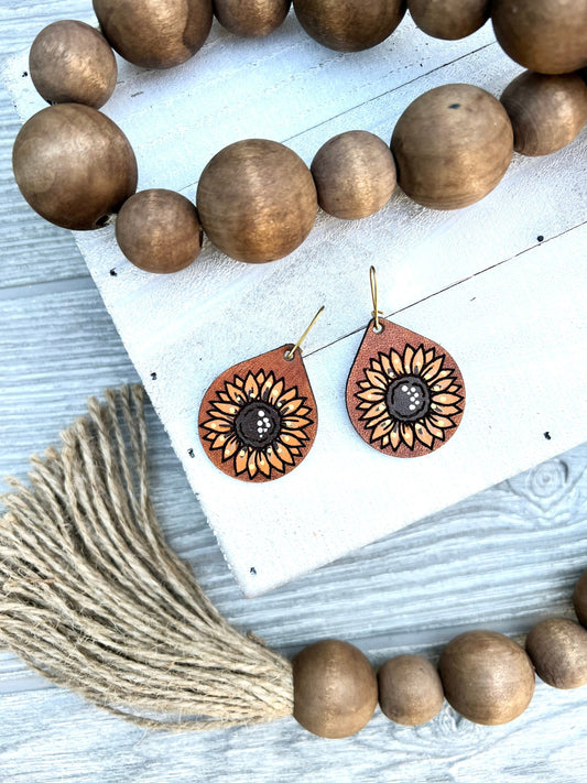 Sunflower Leather Teardrop Earrings