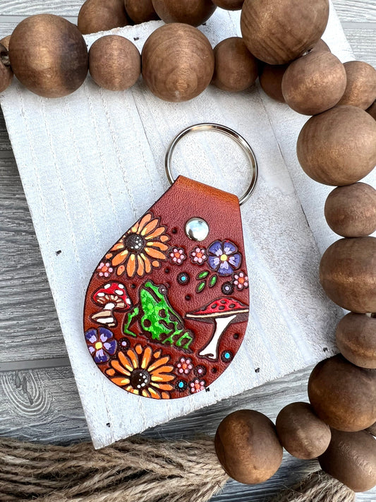 Frog and Mushroom Leather Key Ring