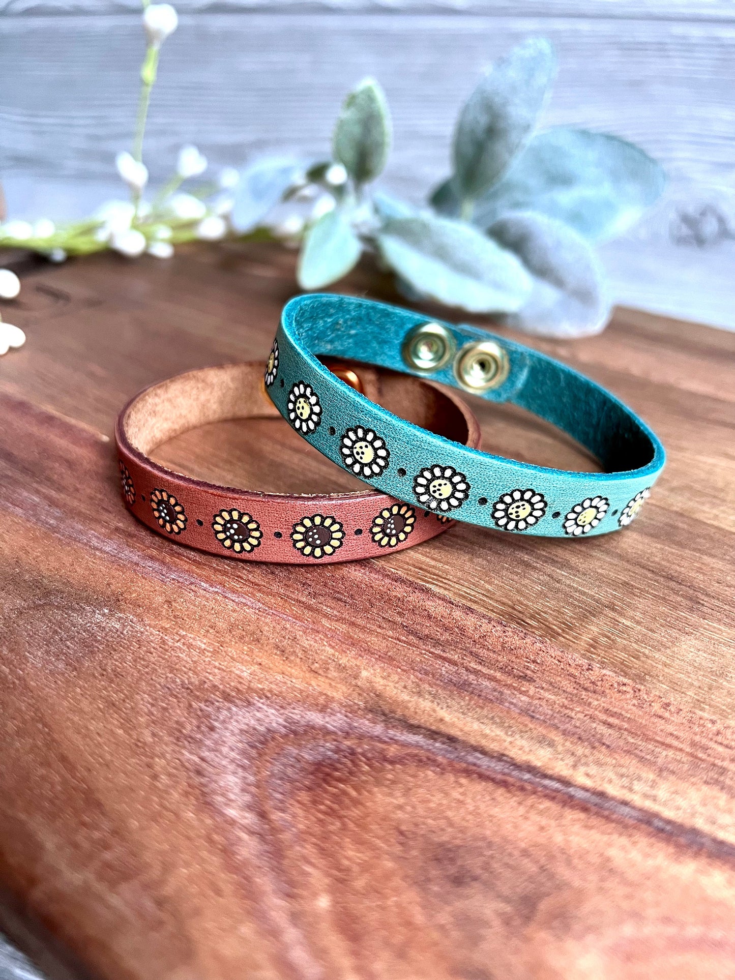 Petite Leather Daisy or Sunflower Bracelet