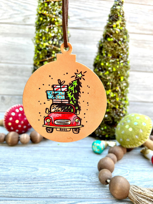 Leather Ornament Red Truck and Christmas Tree