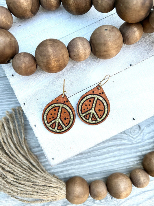 Leather Peace Sign Glitter Earrings