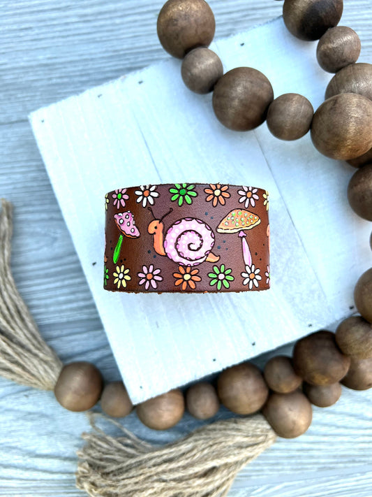 Retro 70s Snail and Mushroom Leather Cuff