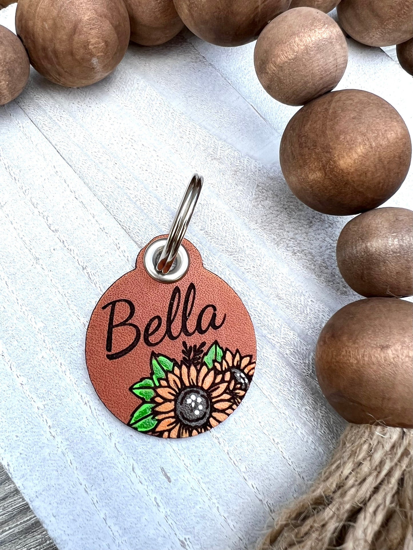 Leather Dog ID Collar Tags - Bella-Style Sunflower Tag