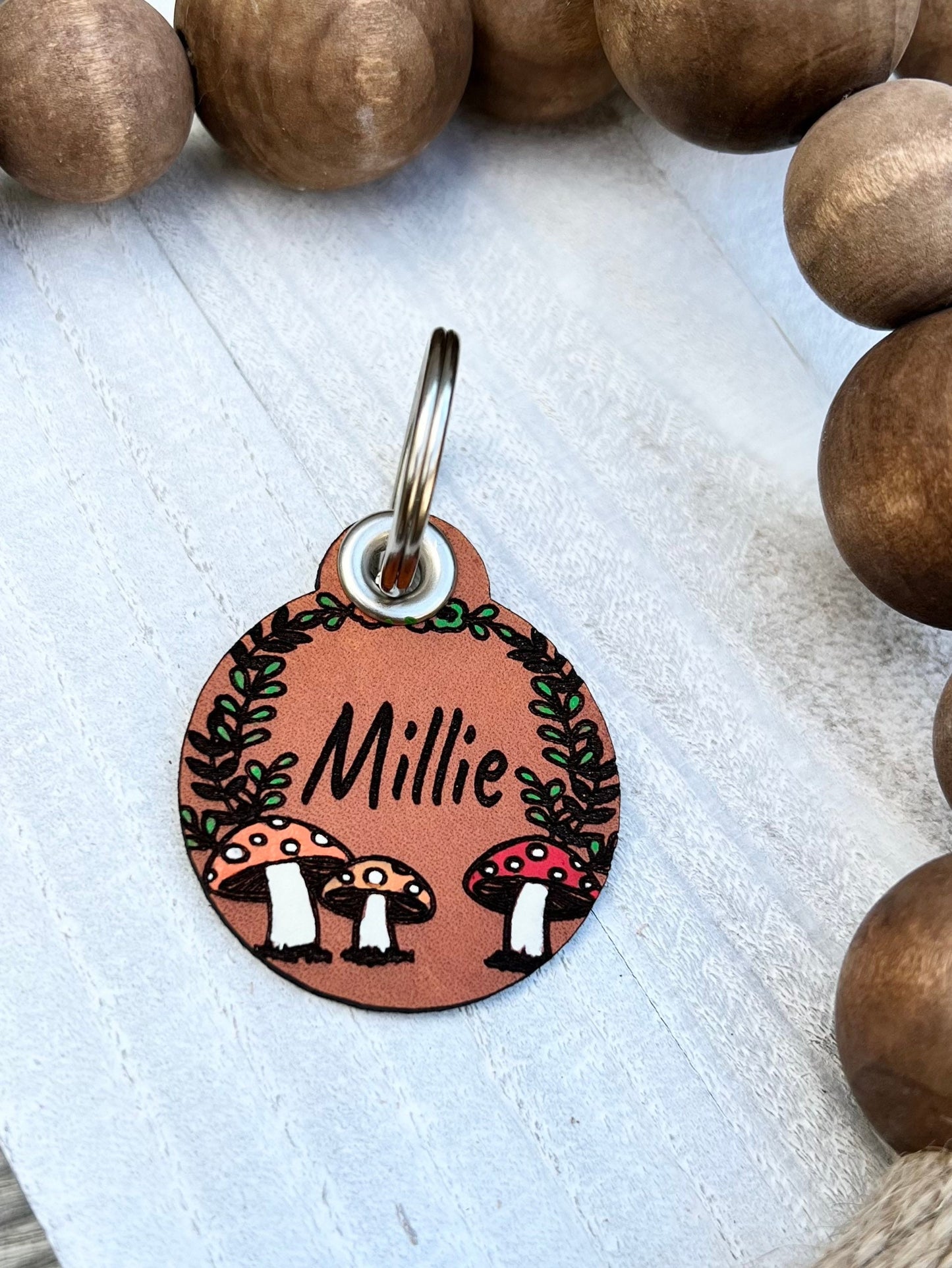 Leather Dog ID Collar Tags - Millie-Style Mushroom Forest Tag