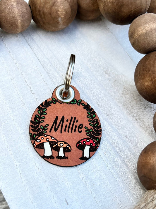 Leather Dog ID Collar Tags - Millie-Style Mushroom Forest Tag