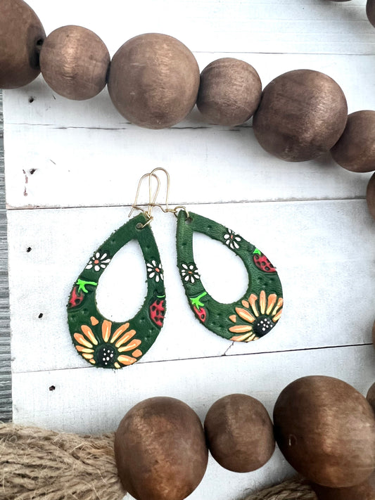 Sunflower and Strawberry Leather Earrings
