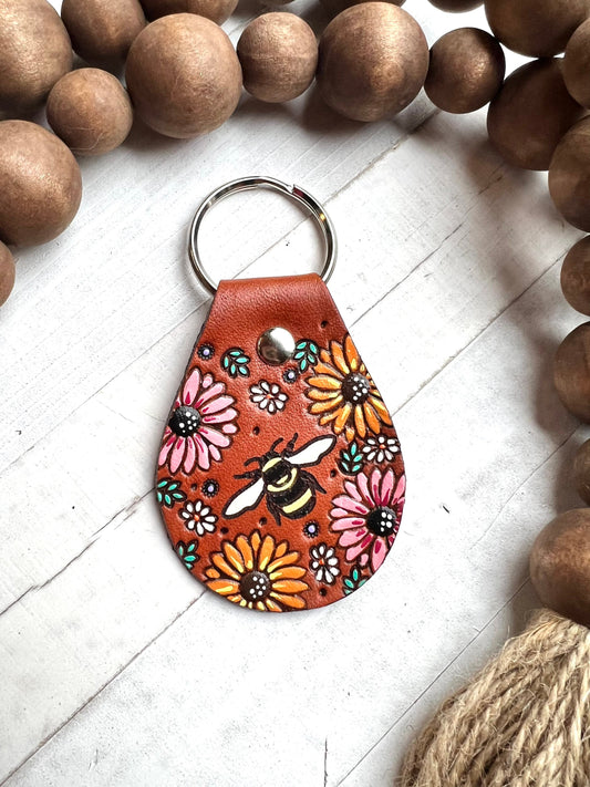 Bumblebee and Flowers Leather Key Ring