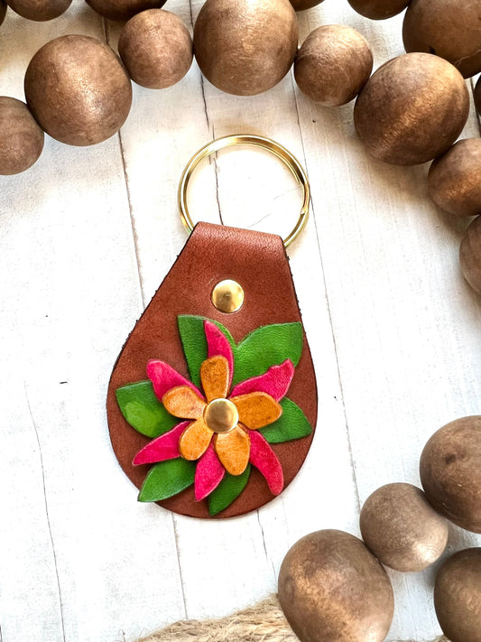 Leather Raised Flower and Sunflowers Key Ring