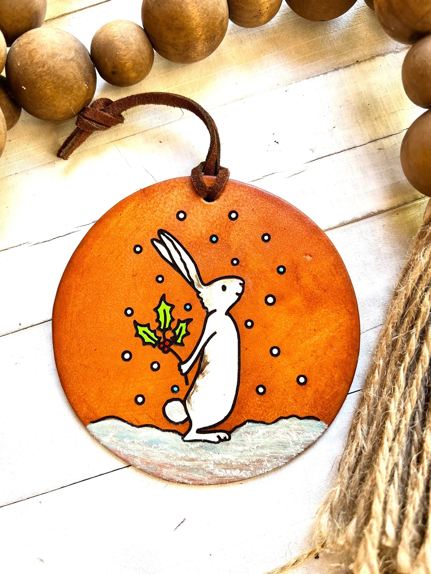 Leather Ornament Snowy Bunny