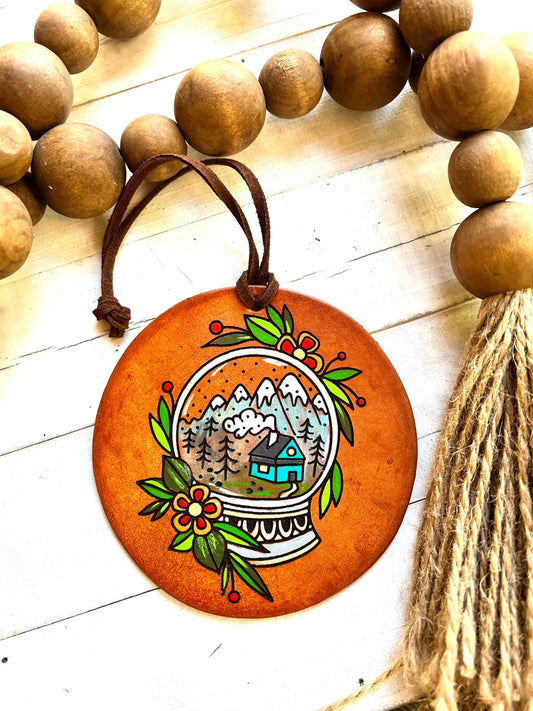 Leather Ornament Snowy Cottage Snow Globe