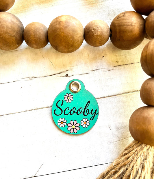 Leather Dog ID Collar Tags - Scooby-Style Teal Tag