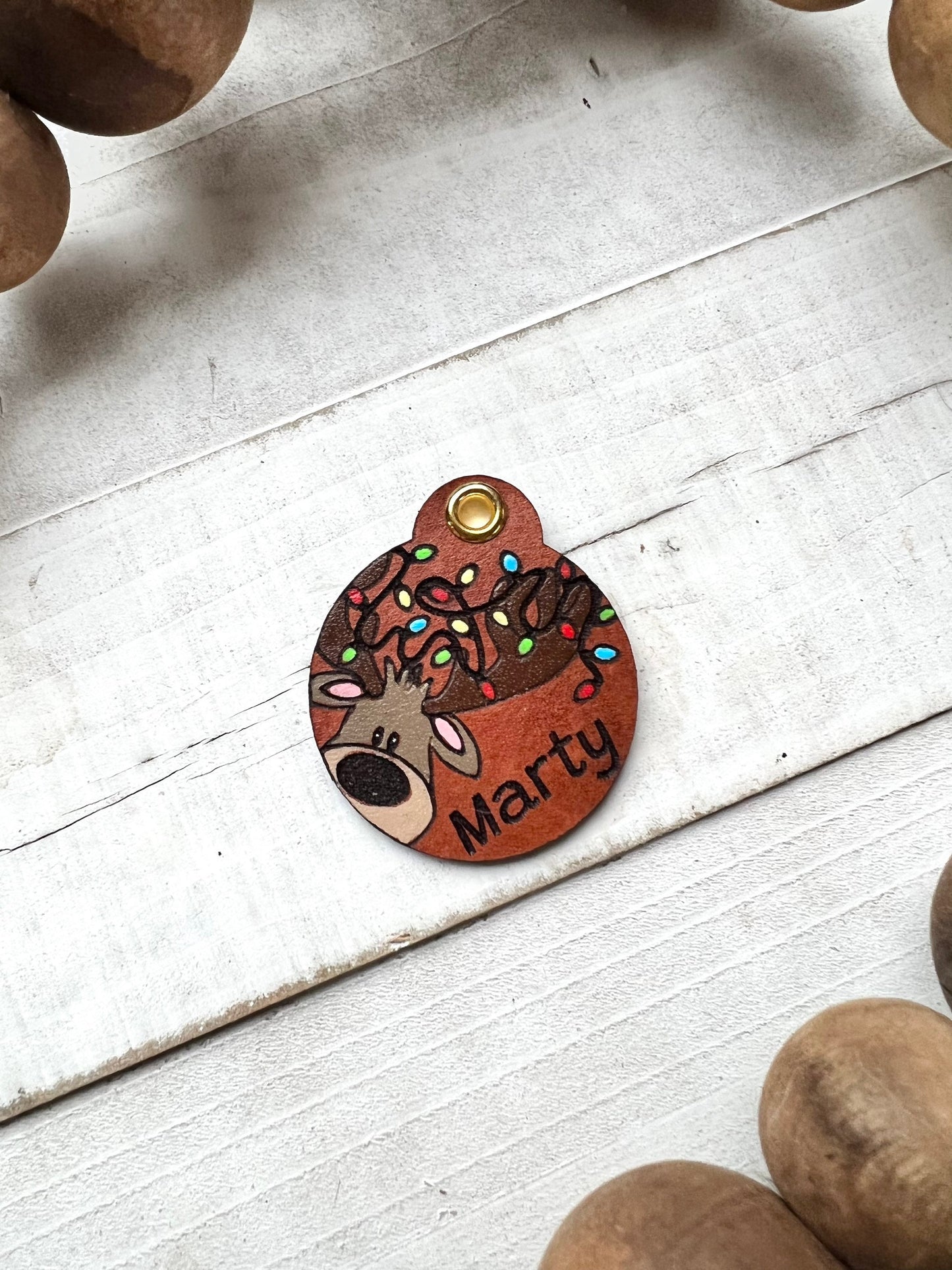 Leather Dog ID Collar Tags - Cute Reindeer Tag