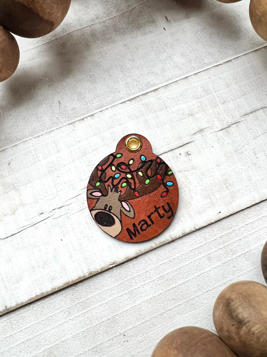 Leather Dog ID Collar Tags - Cute Reindeer Tag