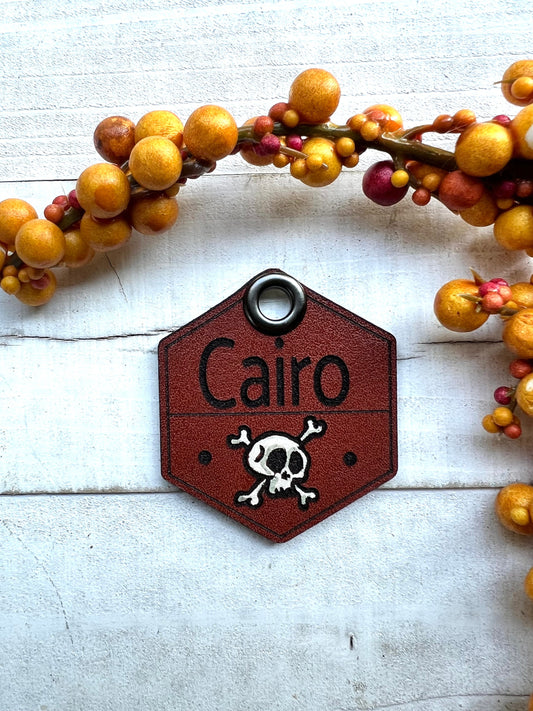 Leather Dog ID Collar Tags - Halloween Skull Bones Tag