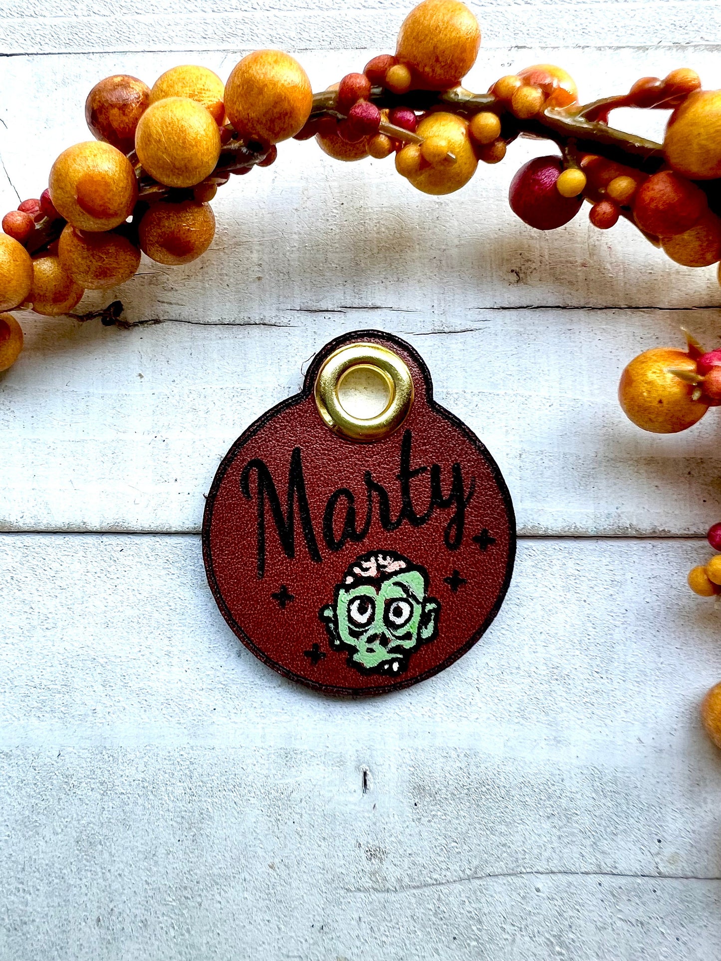 Leather Dog ID Collar Tags - Halloween Zombie Tag