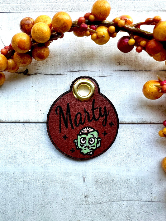 Leather Dog ID Collar Tags - Halloween Zombie Tag