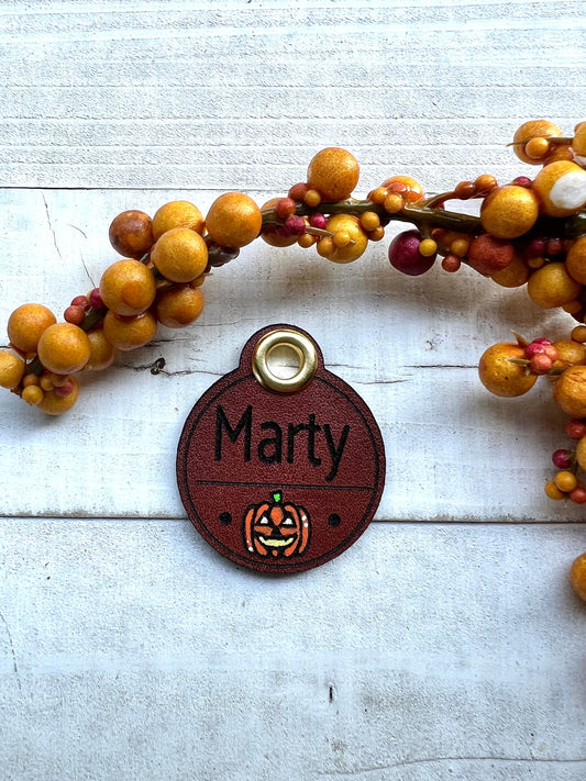 Leather Dog ID Collar Tags - Halloween Pumpkin Tag