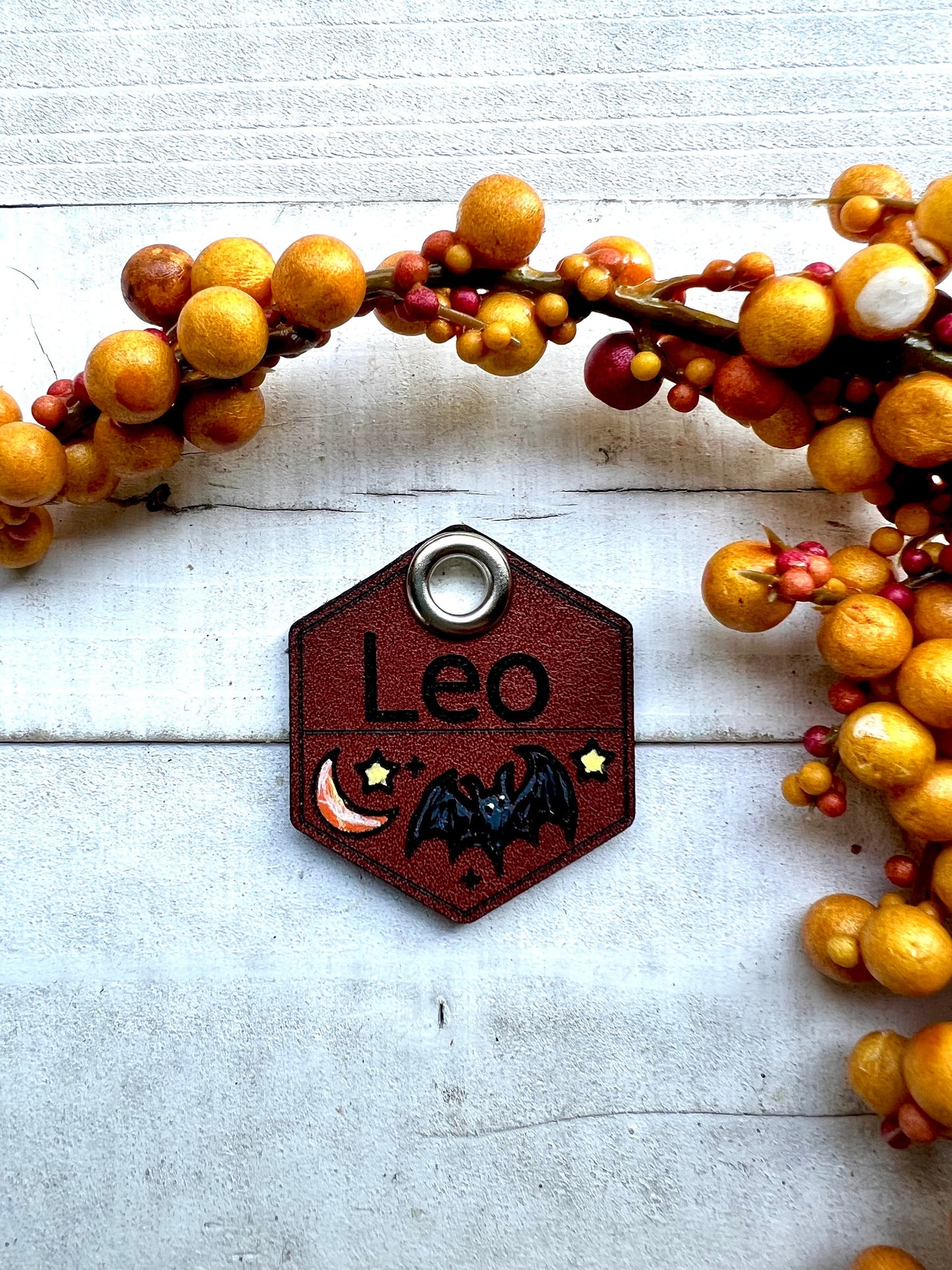 Leather Dog ID Collar Tags - Halloween Bat and Moon Tag